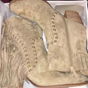 Tan suede fringe booties